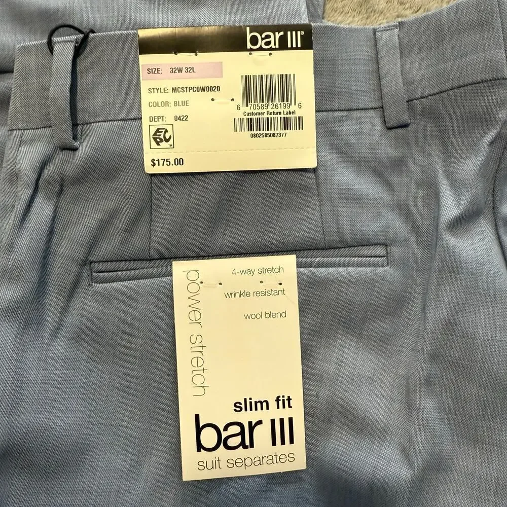 Bar lll Men’s Powerstretch Slim Fit Suit Dress Flat Front Pants, Blue, 32x32
